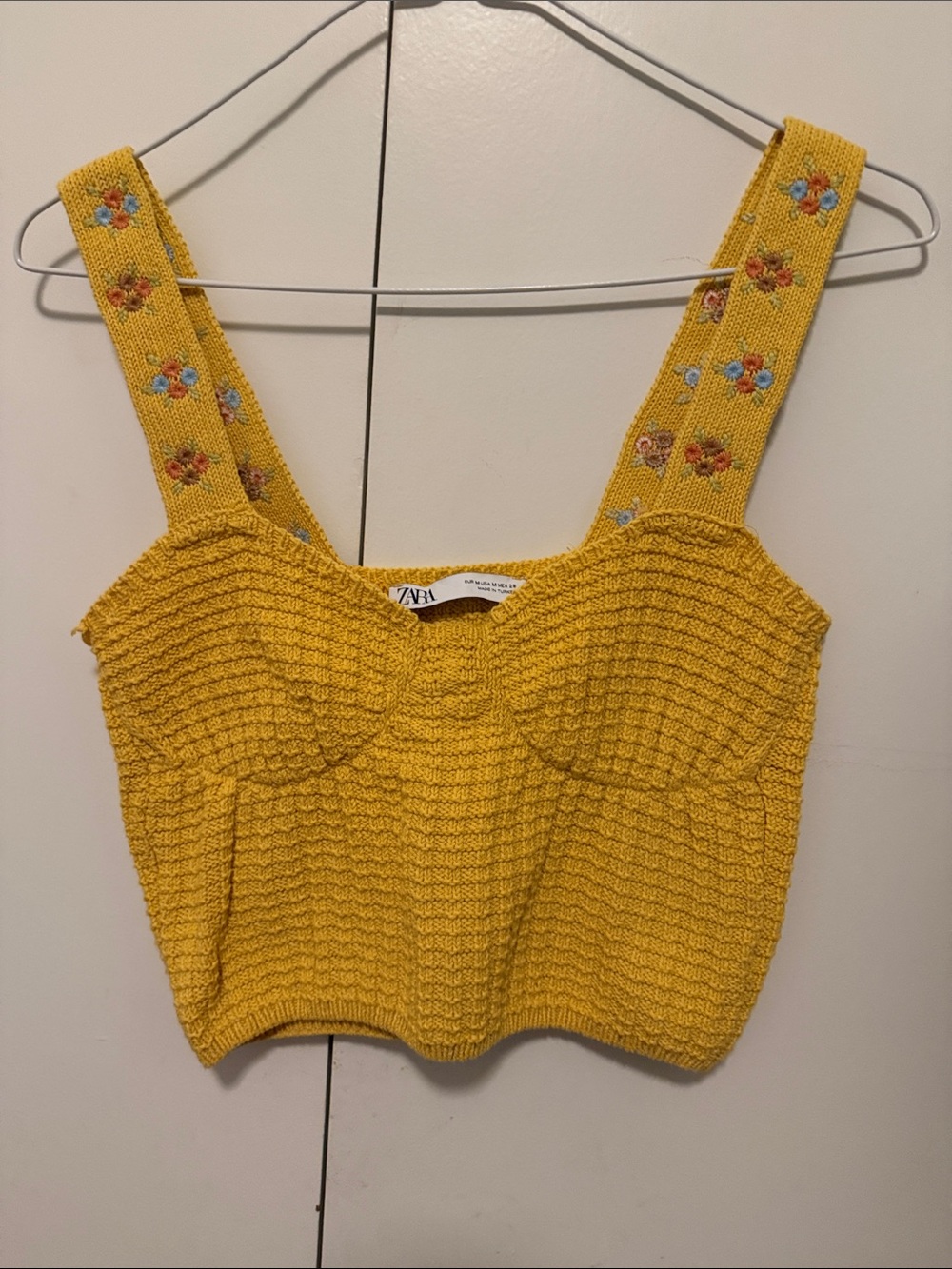 Zara Mustard Yellow Knit Bustier Crop Top with Embroidered Floral Straps